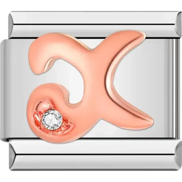 Rose gold cursive letter "X" with clear gemstone accent Italian charm bracelet link