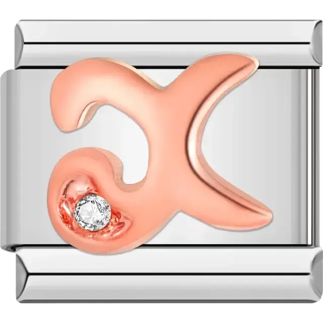 Rose gold cursive letter "X" with clear gemstone accent Italian charm bracelet link