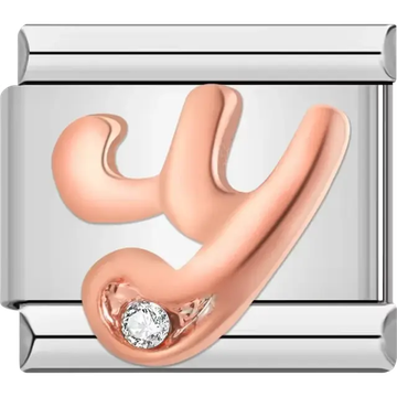 Rose gold cursive letter "Y" with clear gemstone accent Italian charm bracelet link