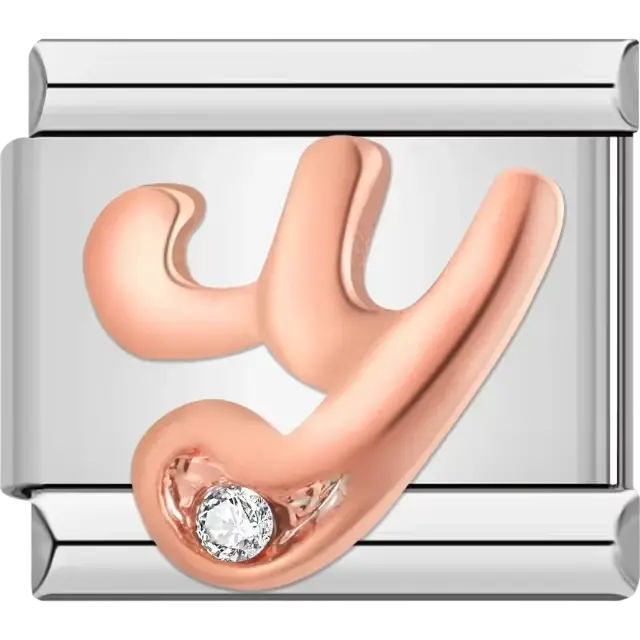 Rose gold cursive letter "Y" with clear gemstone accent Italian charm bracelet link