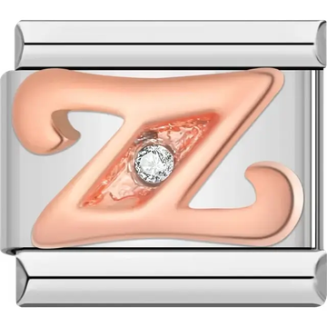 Rose gold cursive letter "Z" with clear gemstone accent Italian charm bracelet link