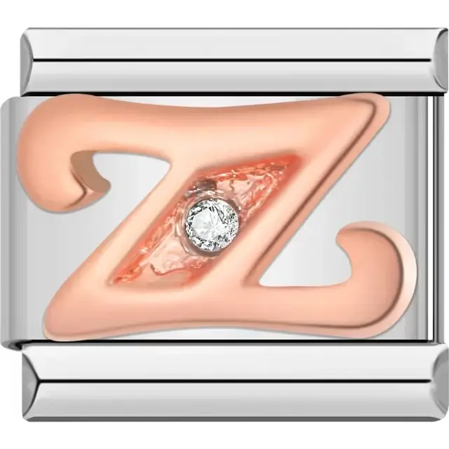 Rose gold cursive letter "Z" with clear gemstone accent Italian charm bracelet link