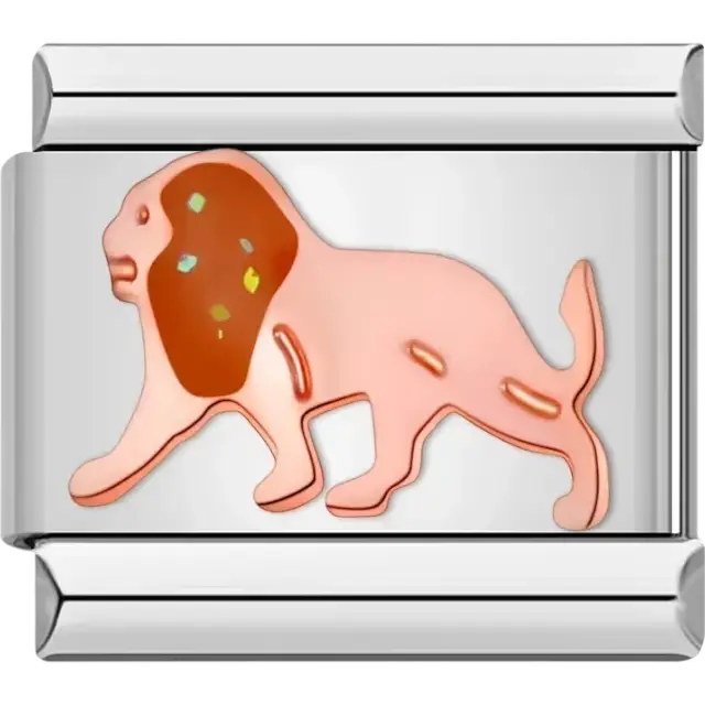 Rose gold walking lion with a brown mane accented by colorful details Italian charm bracelet link