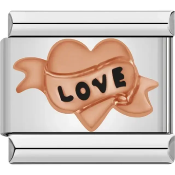 Rose gold heart with ribbon banner featuring black "LOVE" text design Italian charm bracelet link