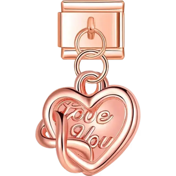 Rose gold dangling heart with engraved "Love You" text Italian charm bracelet link