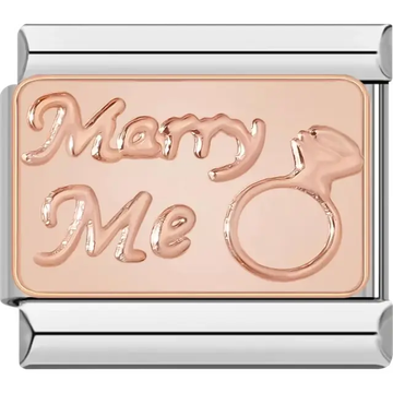 Rose gold charm engraved with "Marry Me" and a ring design Italian charm bracelet link