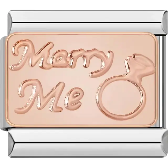 Rose gold charm engraved with "Marry Me" and a ring design Italian charm bracelet link