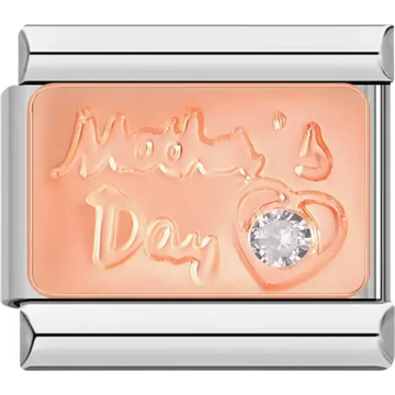 Rose gold charm engraved with "Mom's Day" and a heart design featuring a clear crystal accent Italian charm bracelet link