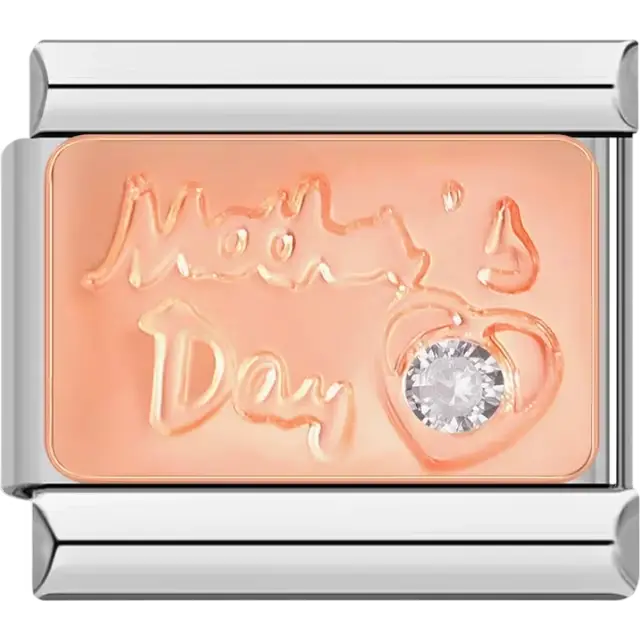 Rose gold charm engraved with "Mom's Day" and a heart design featuring a clear crystal accent Italian charm bracelet link