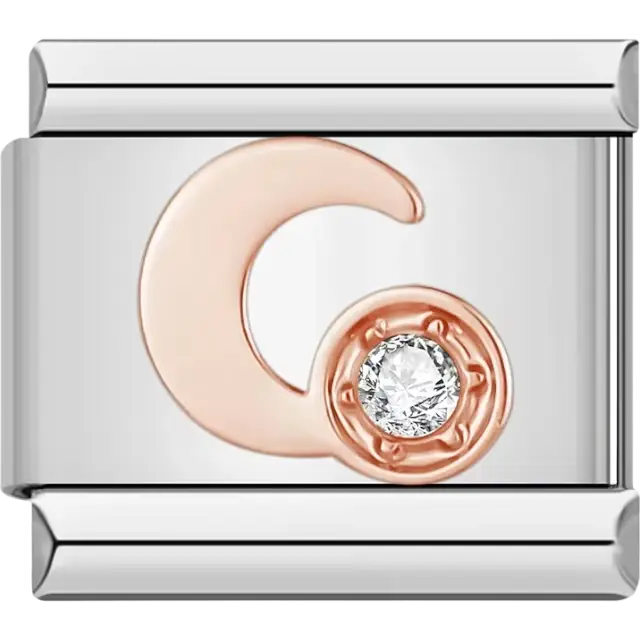 Rose gold crescent moon with a clear star-shaped gemstone Italian charm bracelet link