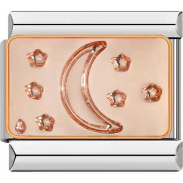 Rose gold charm featuring a crescent moon surrounded by stars Italian charm bracelet link
