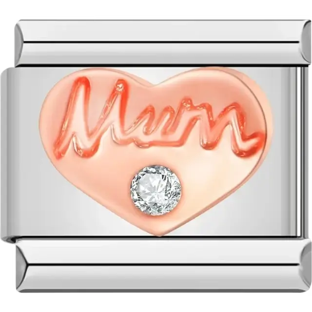 Heart-shaped rose gold design with "Mum" text and a clear crystal Italian charm bracelet link