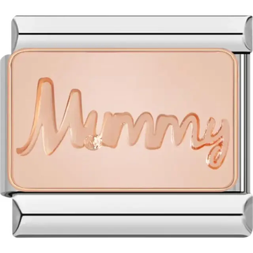 Rose gold charm engraved with "Mummy" and a small clear crystal accent Italian charm bracelet link