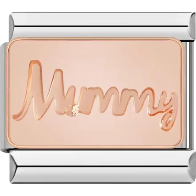 Rose gold charm engraved with "Mummy" and a small clear crystal accent Italian charm bracelet link