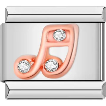 Rose gold music note design with three clear crystal accents Italian charm bracelet link
