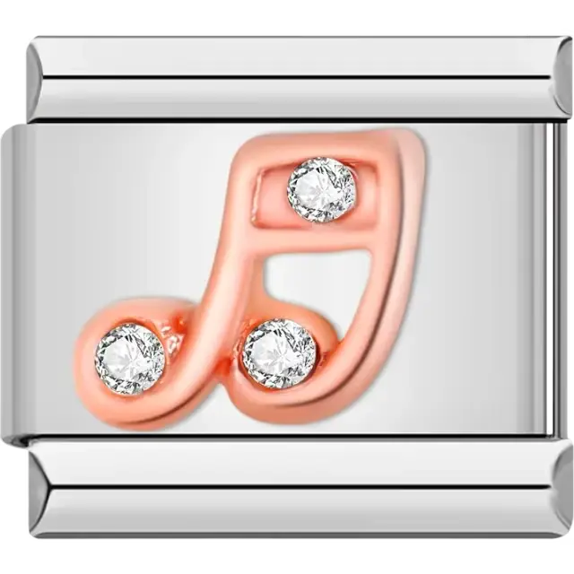 Rose gold music note design with three clear crystal accents Italian charm bracelet link