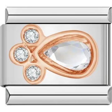 Rose gold paw print design featuring a teardrop-shaped clear gemstone and three sparkling accents Italian charm bracelet link