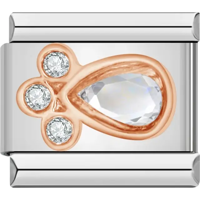 Rose gold paw print design featuring a teardrop-shaped clear gemstone and three sparkling accents Italian charm bracelet link