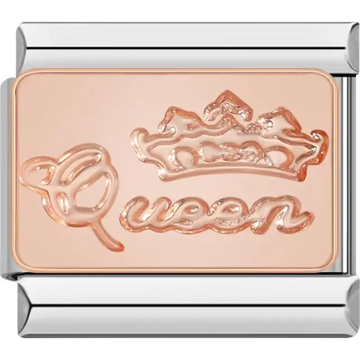 Rose gold charm featuring a crown design and the word "Queen" Italian charm bracelet link