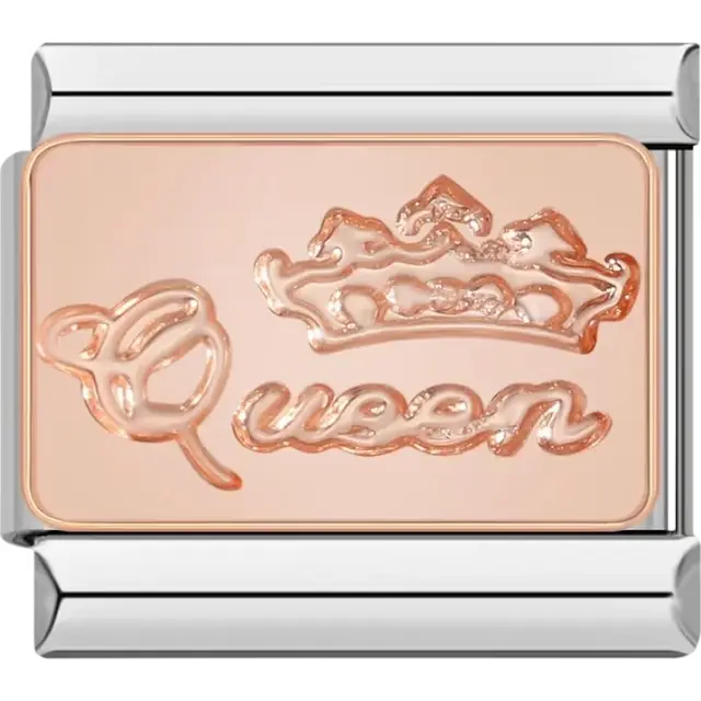 Rose gold charm featuring a crown design and the word "Queen" Italian charm bracelet link