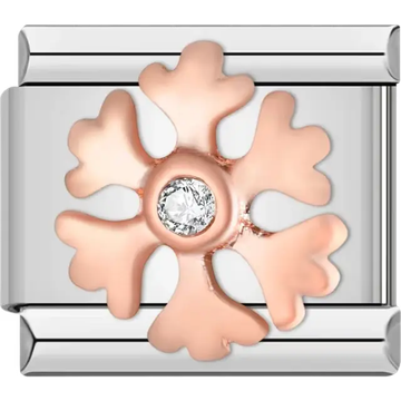 Rose gold snowflake design with a clear crystal center Italian charm bracelet link