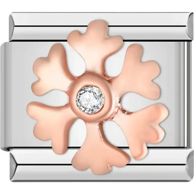 Rose gold snowflake design with a clear crystal center Italian charm bracelet link