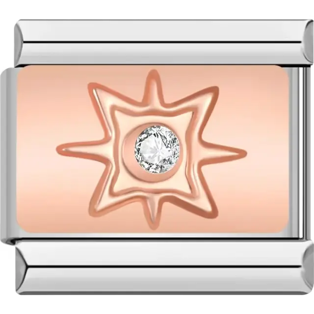 Rose gold starburst design with a clear crystal center Italian charm bracelet link