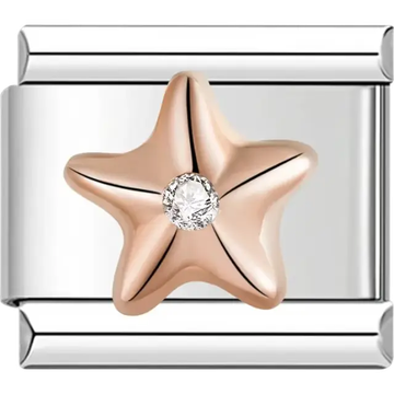 Rose gold starfish design with a clear diamond stone Italian charm bracelet link