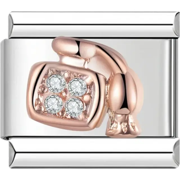 Rose gold telephone with crystal details Italian charm bracelet link