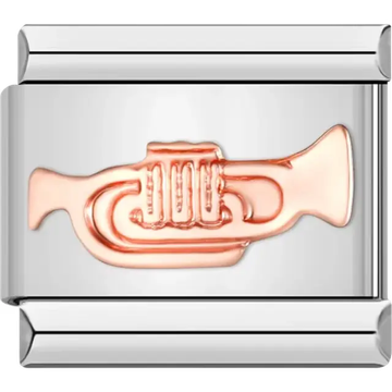 Rose gold trumpet design on a shiny silver background Italian charm bracelet link