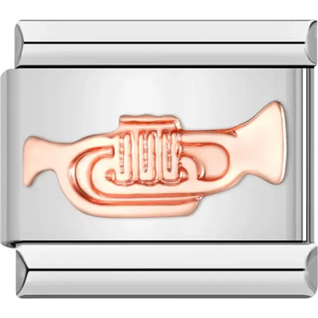 Rose gold trumpet design on a shiny silver background Italian charm bracelet link