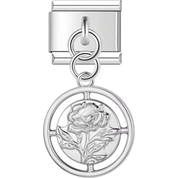 Rose design framed within a circular cutout dangling Italian charm bracelet link