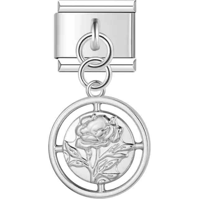 Rose design framed within a circular cutout dangling Italian charm bracelet link