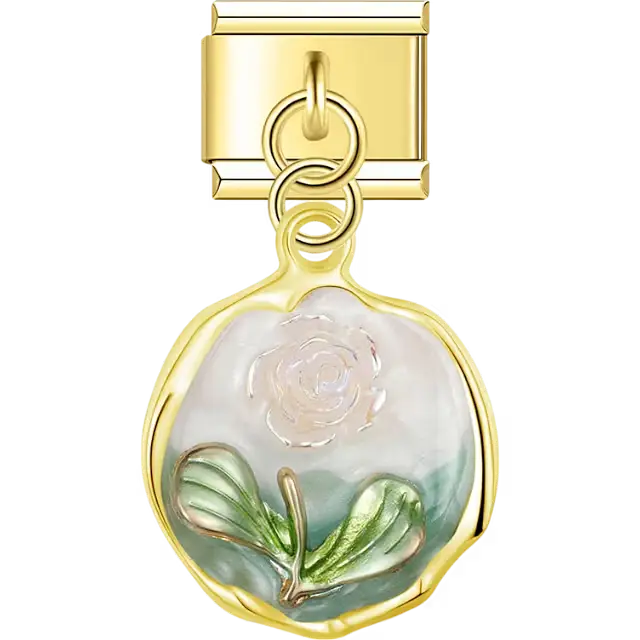 Gold round pendant with white rose and green leaf mother of pearl inlay dangle Italian charm bracelet link