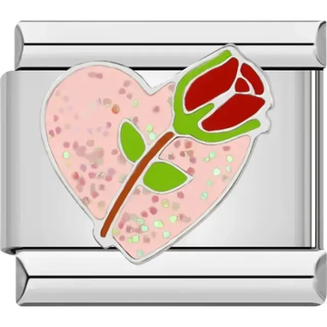 Red rose design on a pink glitter heart Italian charm bracelet link