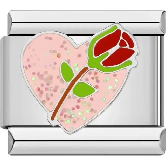 Red rose design on a pink glitter heart Italian charm bracelet link