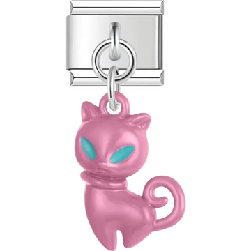 Rose pink cat with teal eyes dangle pendant Italian charm bracelet link