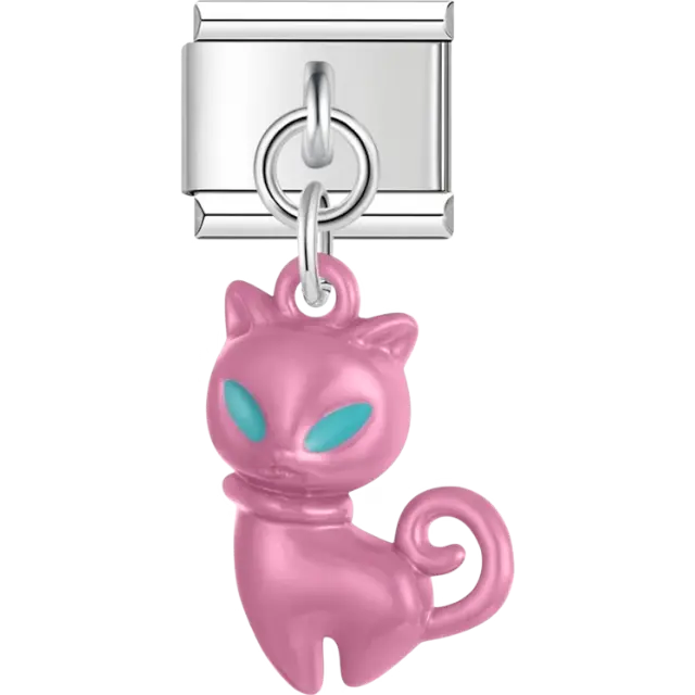 Rose pink cat with teal eyes dangle pendant Italian charm bracelet link