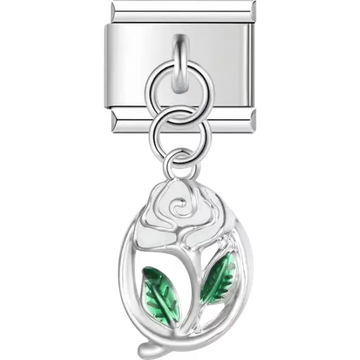 Silver rose design with green enamel leaves and dangle detail Italian charm bracelet link