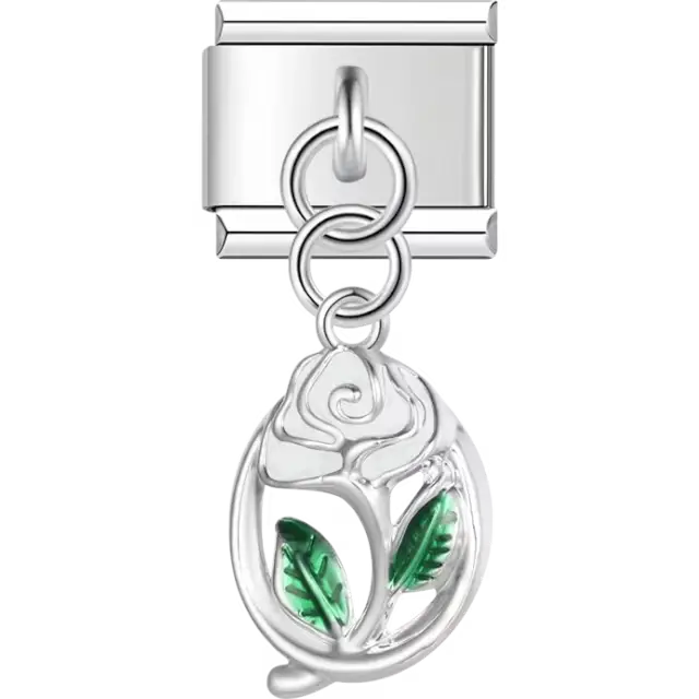 Silver rose design with green enamel leaves and dangle detail Italian charm bracelet link