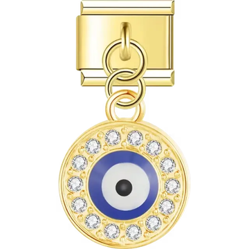 Gold dangling round design featuring a central blue evil eye surrounded by clear crystals Italian charm bracelet link