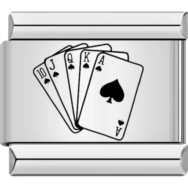 Black royal flush cards (10, J, Q, K, A) in spades Italian charm bracelet link