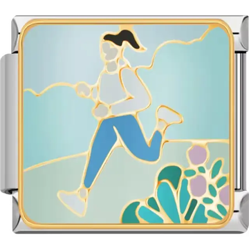 Woman jogging outdoors with a blue sky background and surrounding plants Italian charm bracelet link