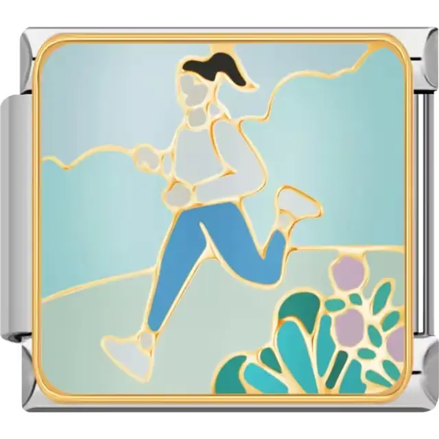 Woman jogging outdoors with a blue sky background and surrounding plants Italian charm bracelet link