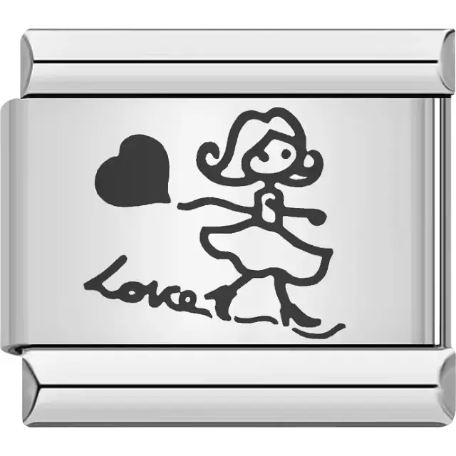 Girl holding heart and "Love" script Italian charm bracelet link