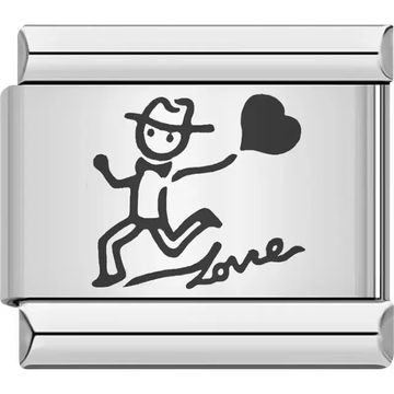 Man with hat holding heart and "Love" script Italian charm bracelet link