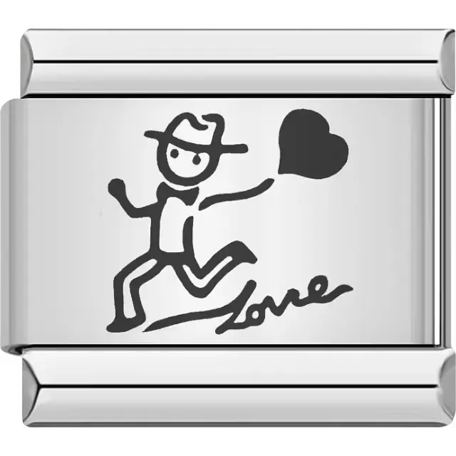 Man with hat holding heart and "Love" script Italian charm bracelet link