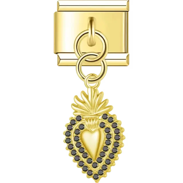 Sacred heart with flame and black stone border Italian charm bracelet link