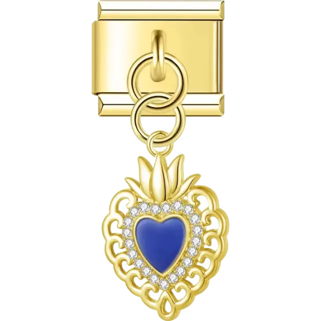 Sacred heart with blue enamel center and crystal border Italian charm bracelet link