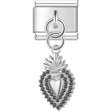 Sacred heart with flame and black stone border Italian charm bracelet link